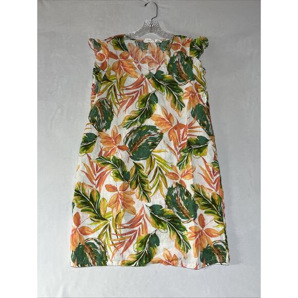 Nicole Miller Linen Shift Dress Large Tropical Leaf Print Flutter Sleeve V Neck - Picture 1 of 11